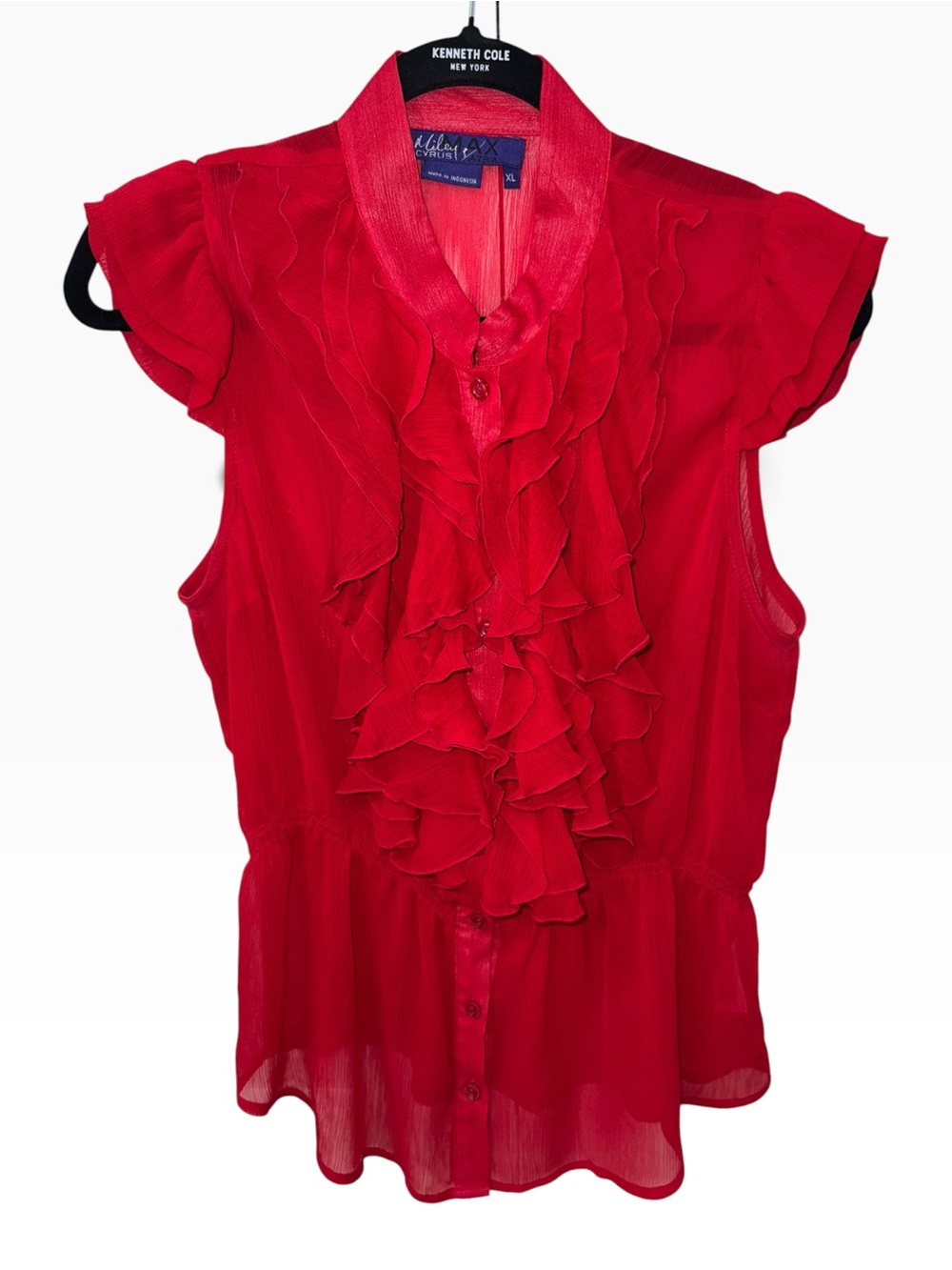 Miley Cyrus Max Azria XL Red Ruffle Blouse Sheer Chiffon Button Front Y2K